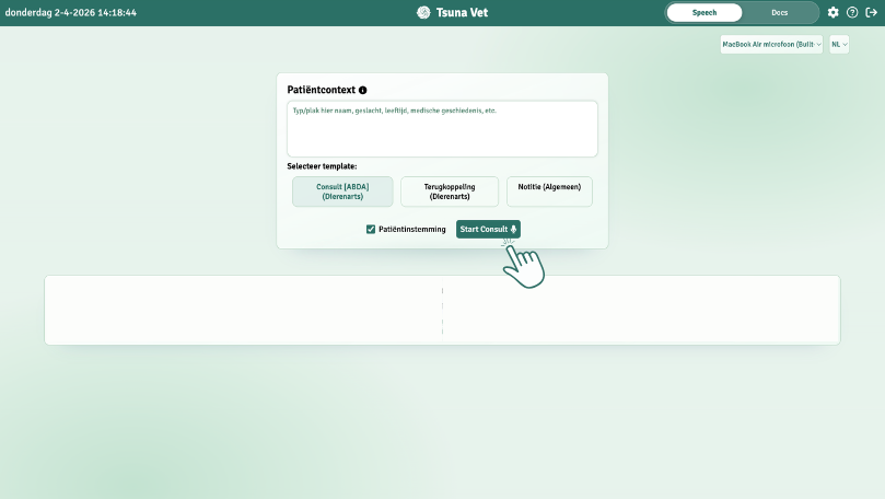 Stap 1 starten van consult in Tsuna Vet